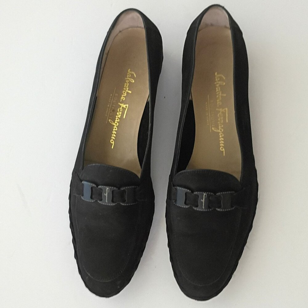 Ferragamo Black Suede Wedge Espadrilles Size 9AA